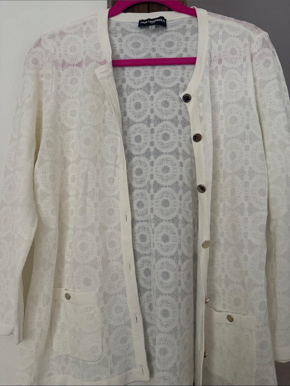Karl Lagerfeld Cream Openwork Knit Cardigan